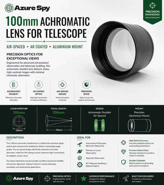 Azure Spy 100mm Achromatic Doublet Lens for Telescope, 700mm Focal Length, Air-Spaced AR Coated Optics, Precision Black Anodized Aluminum Cell with Threaded Mount